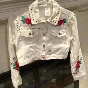 Disney White Jean Jacket with Red Floral Embroidery